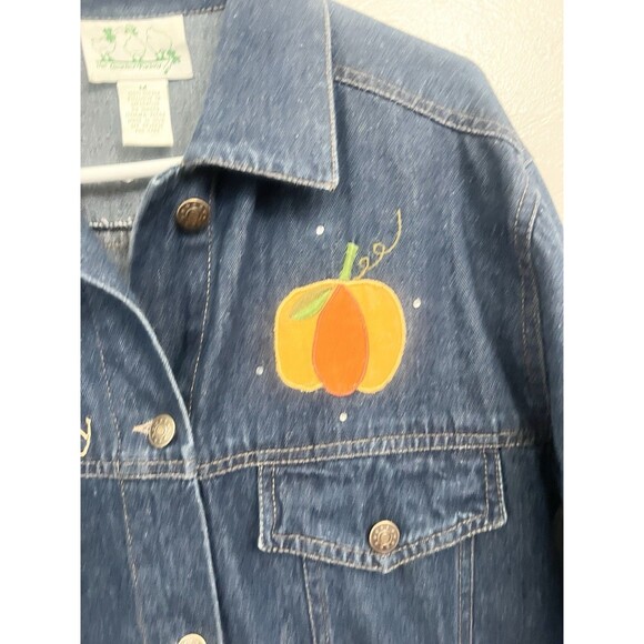VTG Quacker Factory Denim Jacket Womens M Scarecrow Pumpkin Fall Embroidered - Picture 7 of 8